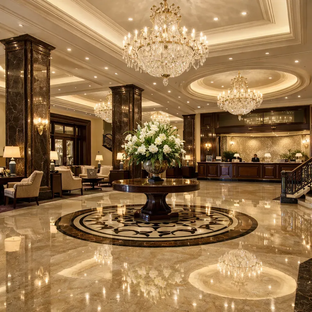 Hall d'hôtel luxueux avec sol brillant