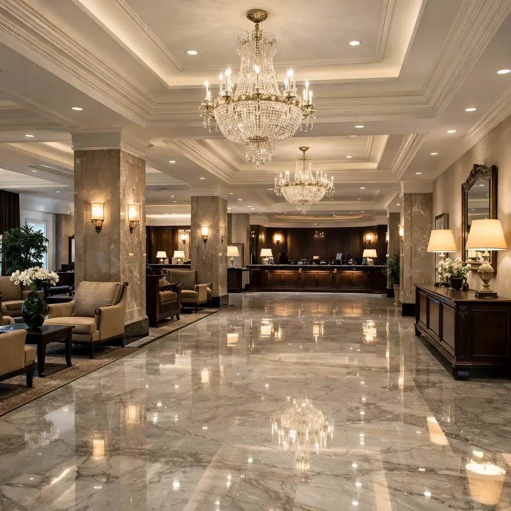 Hall d'hôtel avec sol en marbre brillant