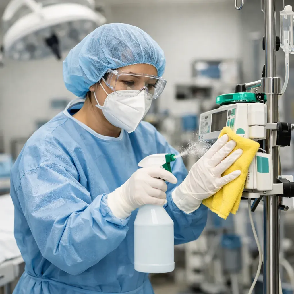 Professionnel en tenue stérile effectuant un bio-nettoyage