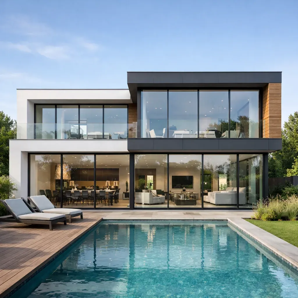 Maison contemporaine avec baies vitrées transparentes