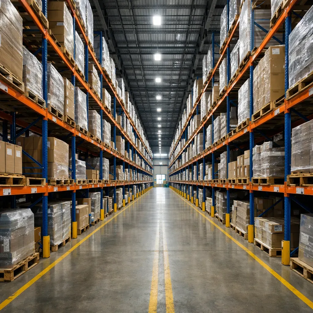 Allée d'un vaste entrepôt logistique industriel