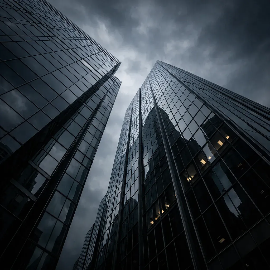 Looking up at dark corporate glass building