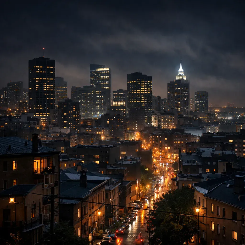 Vue urbaine sombre avec lumières de ville la nuit