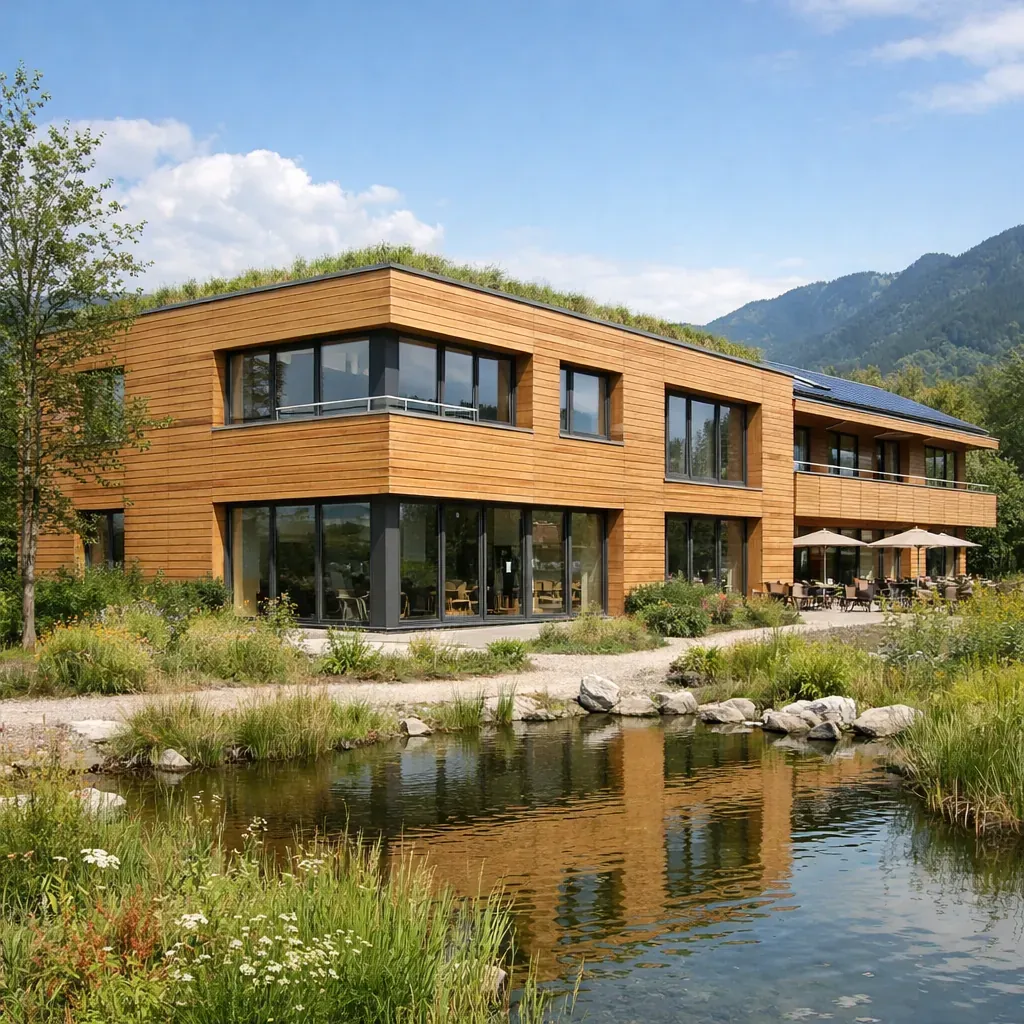 Bâtiment bas carbone avec bardage en bois naturel intégré dans son environnement