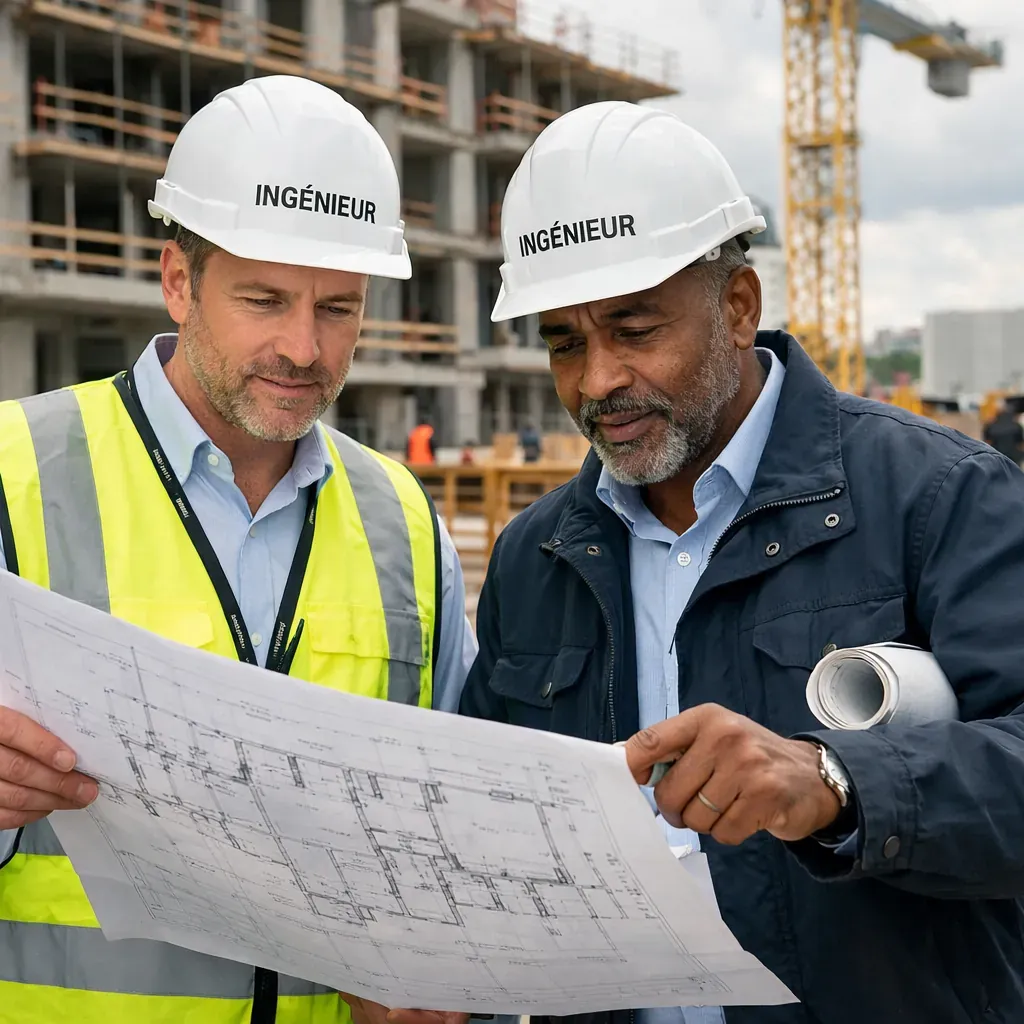 Ingénieurs professionnels examinant des plans sur un chantier moderne
