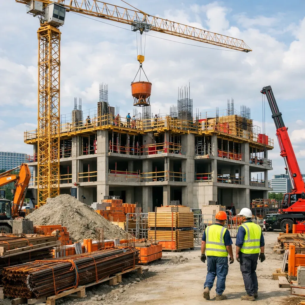 Ossature métallique en cours d'assemblage sur un grand chantier de construction
