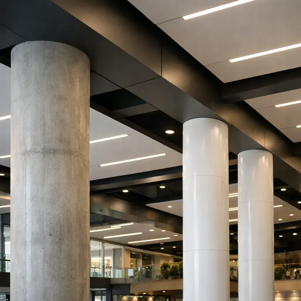 Modern interior structural columns and ceiling