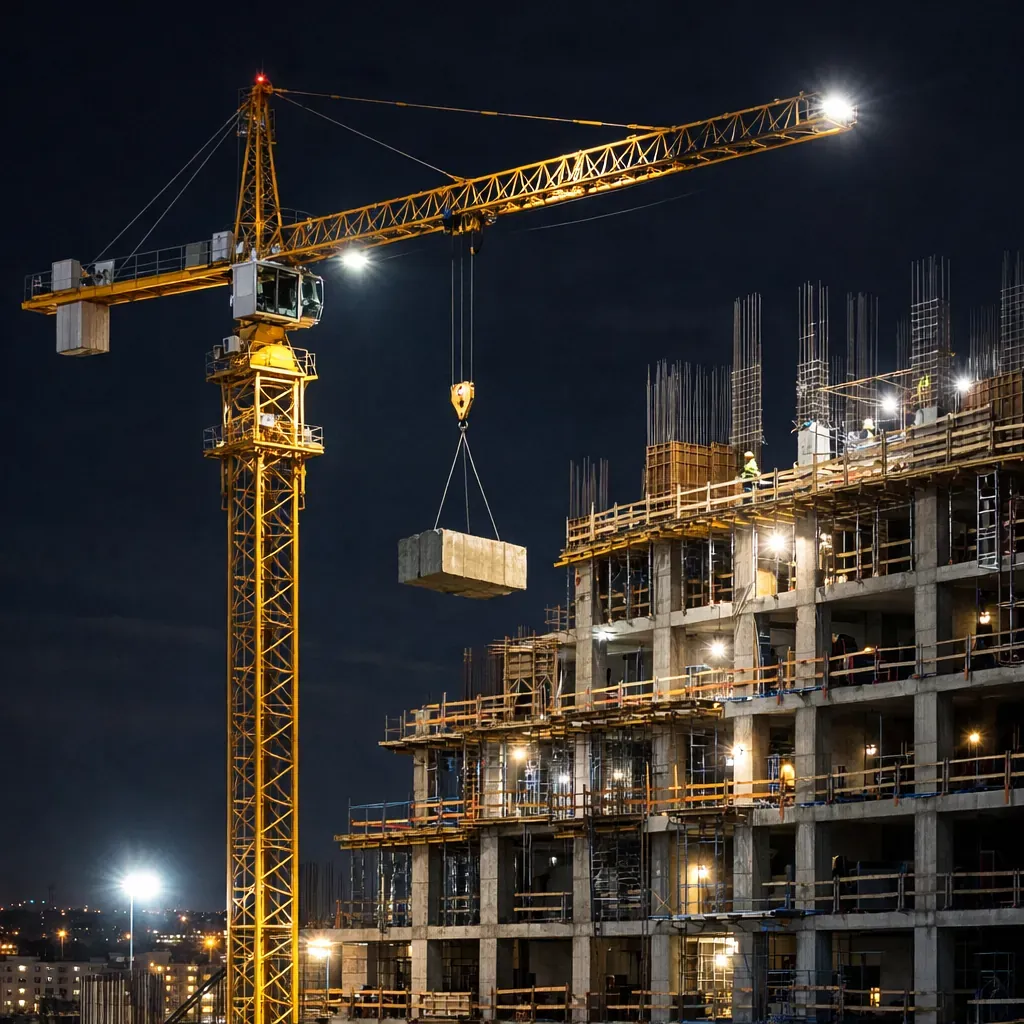 Grue et structure en construction de nuit