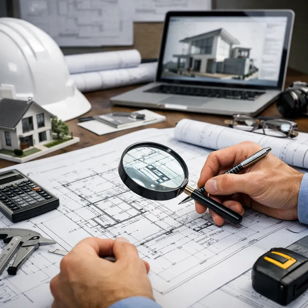 Plans d'architecture sur une table avec éclairage sombre