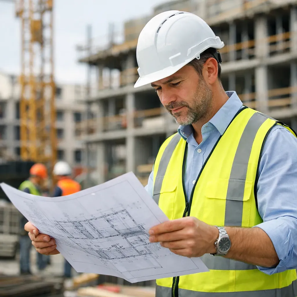 Ingénieur BTP examinant des plans sur un chantier