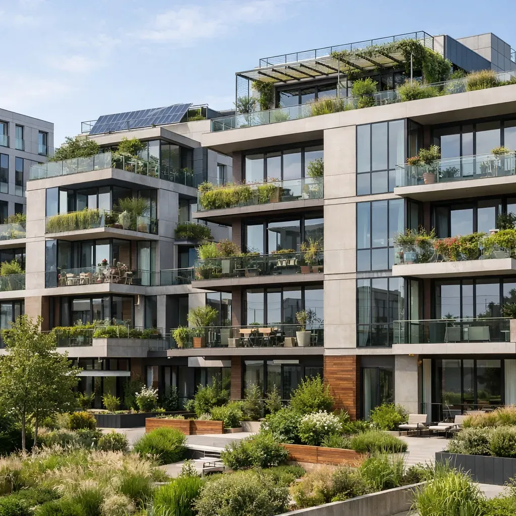 Façade d'un éco-quartier moderne en verre et béton