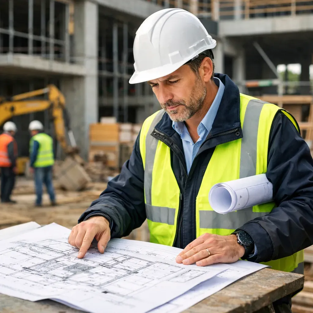 Consultant en bâtiment analysant des plans sur un chantier professionnel