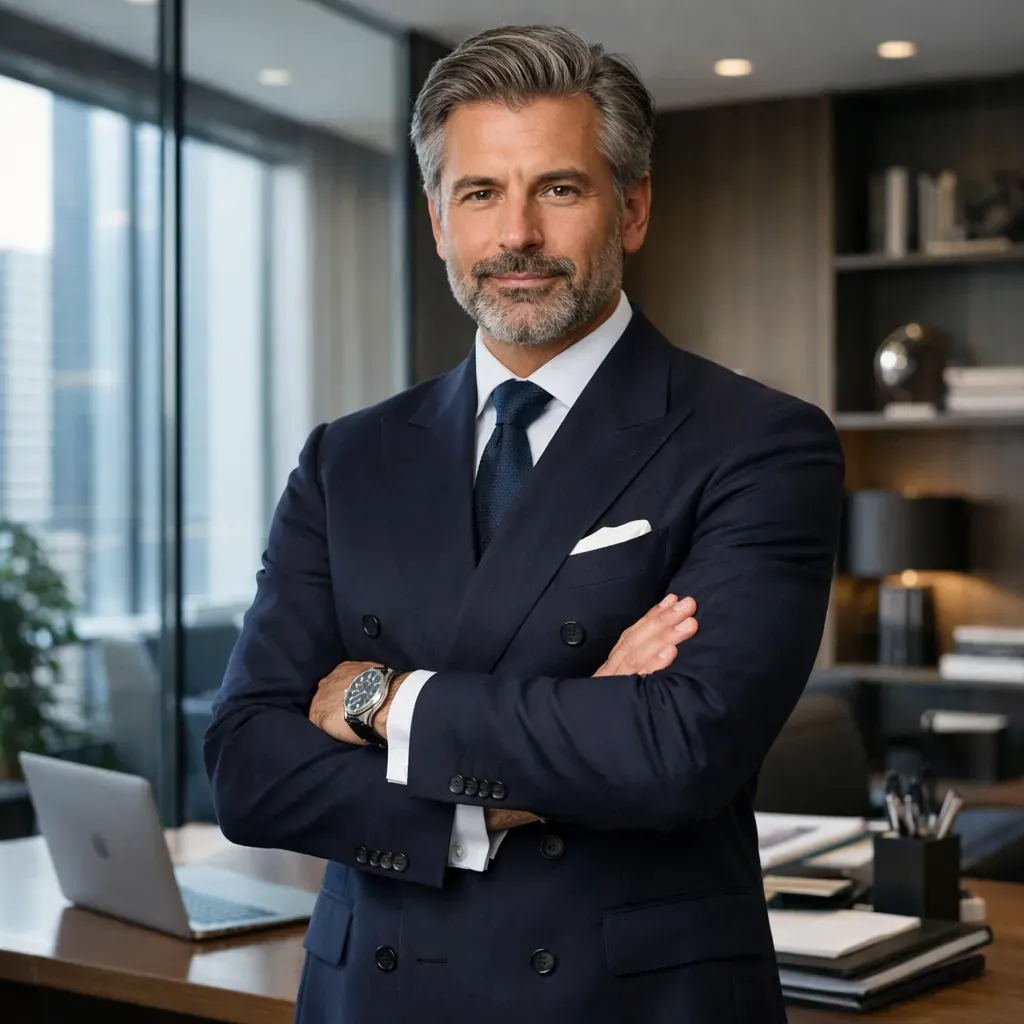 Dirigeant en costume croisé dans un bureau moderne