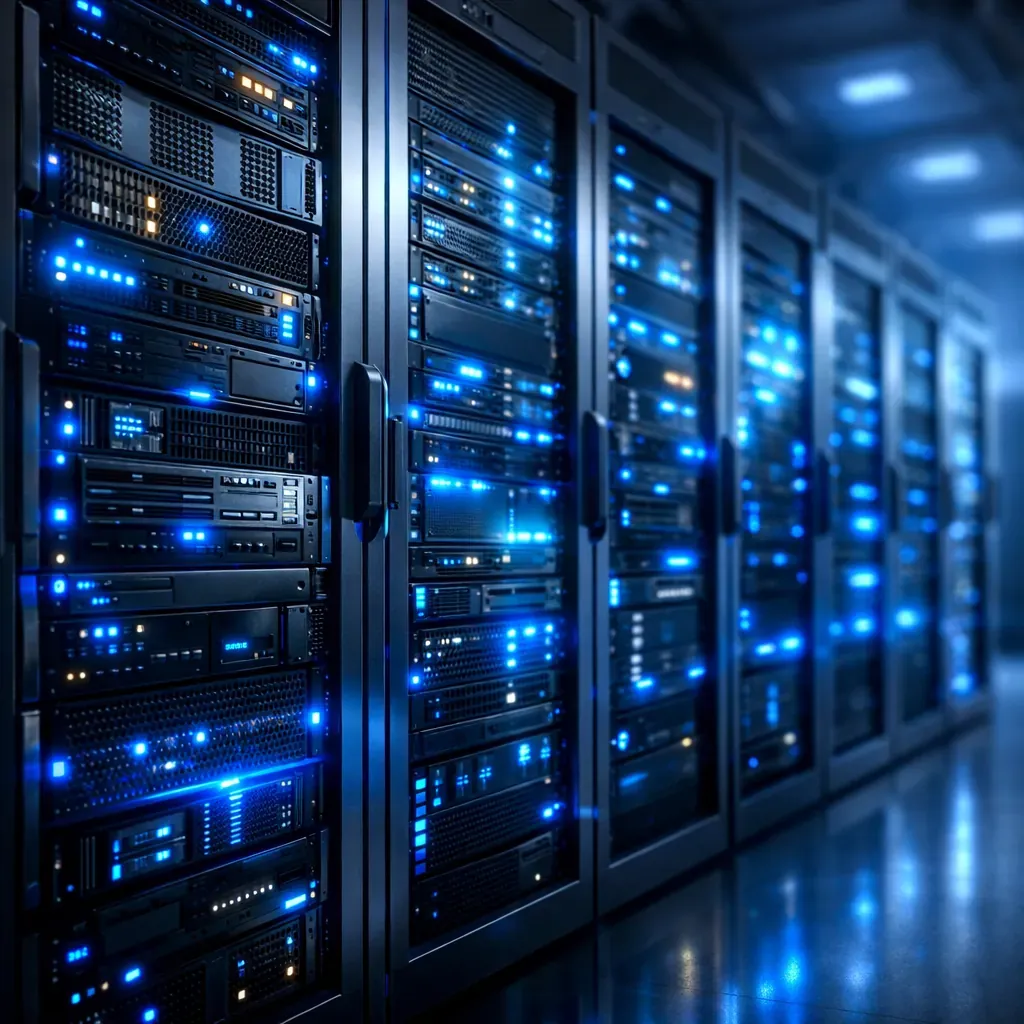 Serveurs informatiques abstraits avec lumières bleues