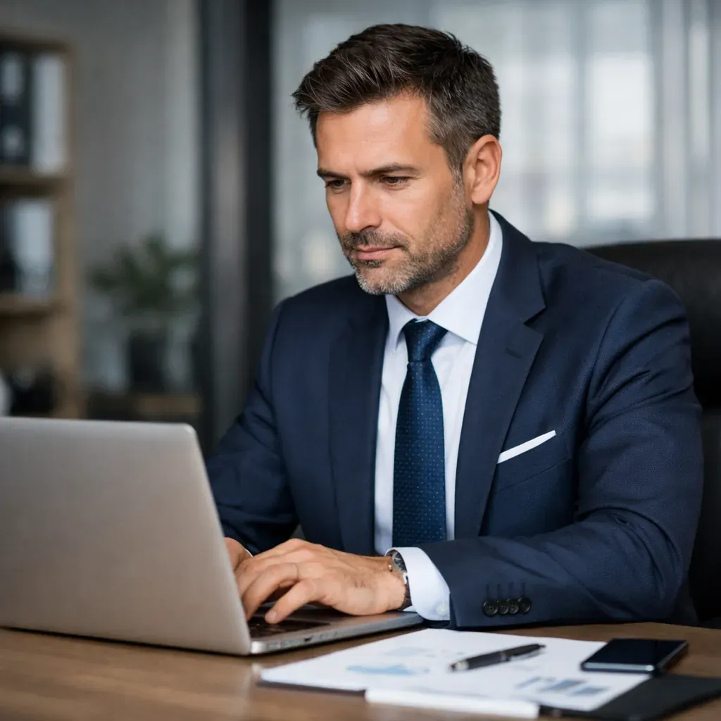 Consultant professionnel en costume travaillant sur un ordinateur