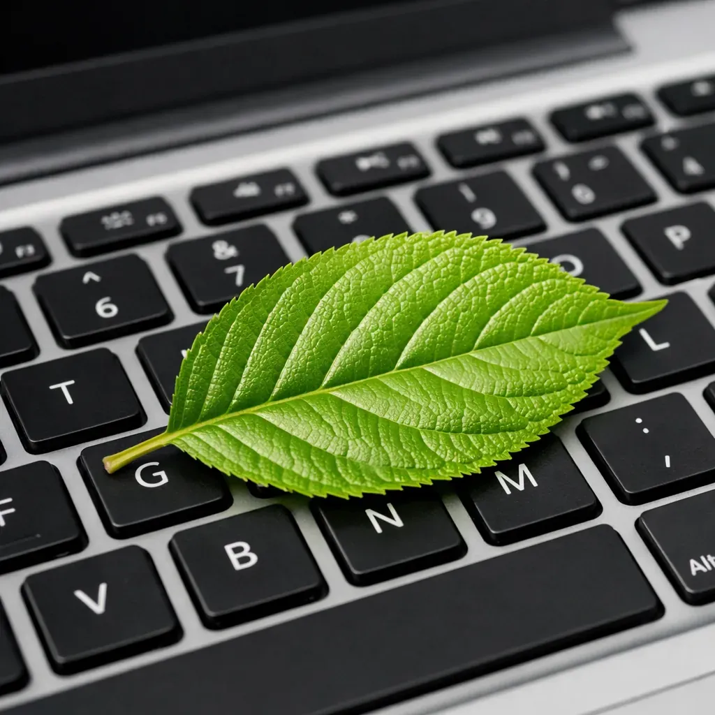 Feuille verte sur clavier d'ordinateur
