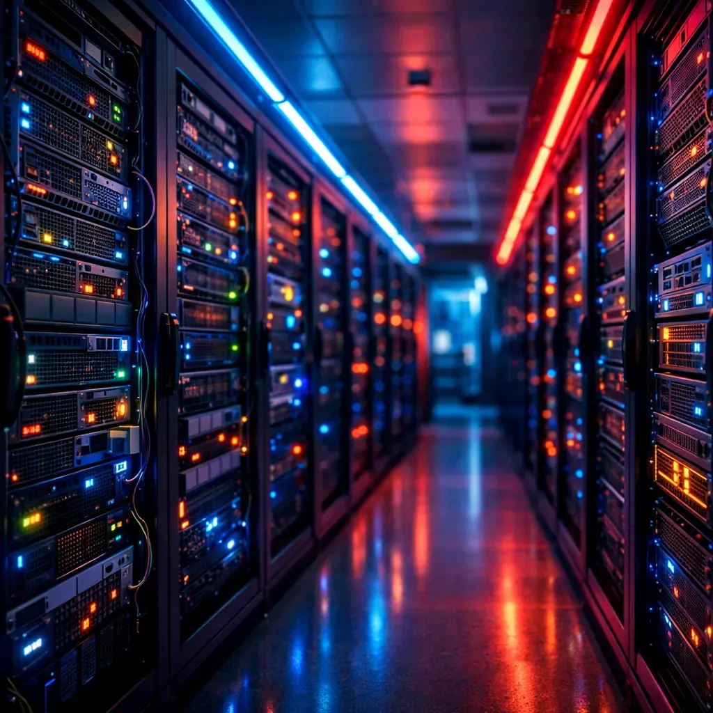 Serveurs informatiques et lumières néon