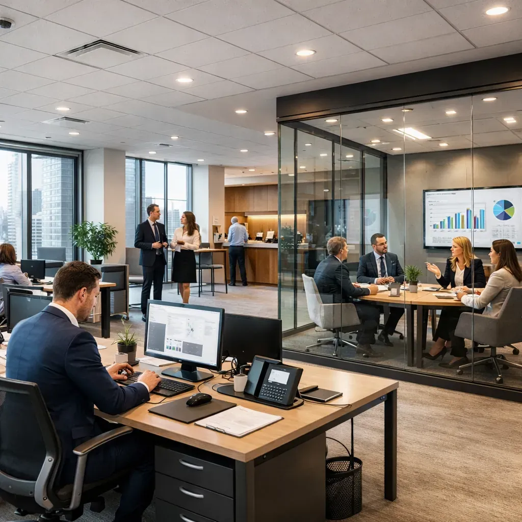 Intérieur de bureaux d'entreprise modernes illustrant le monde corporate