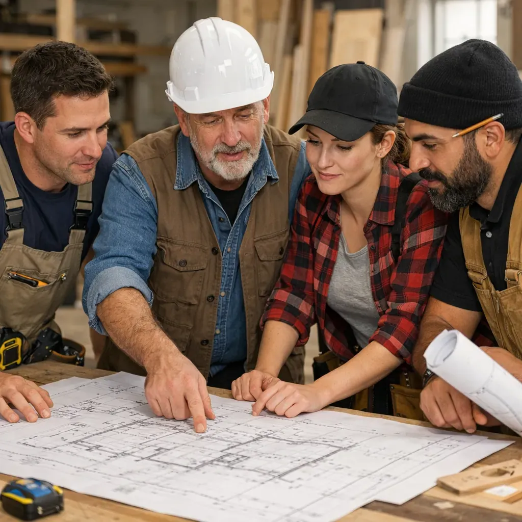 Équipe d'artisans discutant d'un plan