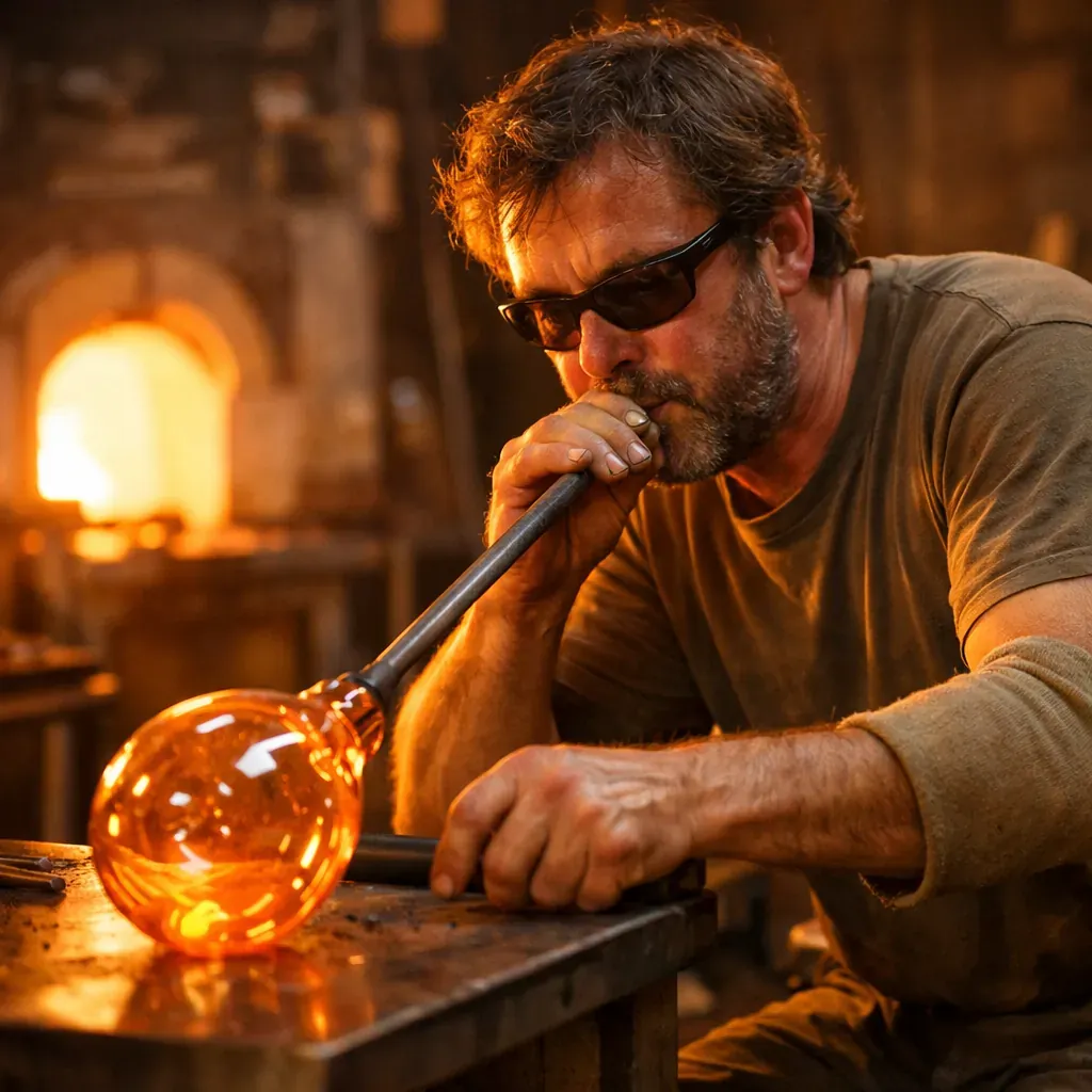Artisan soufflant du verre en atelier avec une lumière chaleureuse