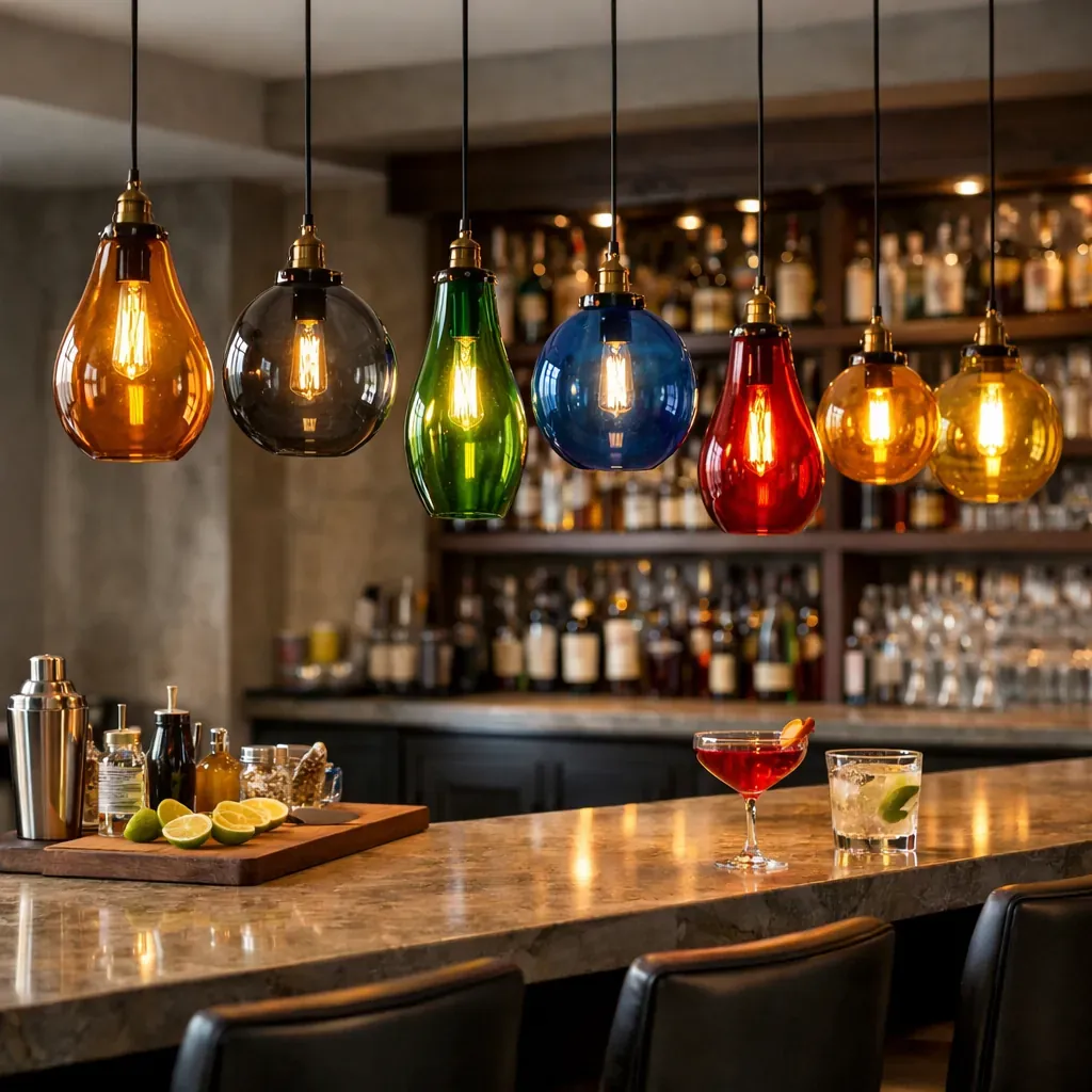 Suspensions lumineuses en verre coloré au dessus d'un comptoir