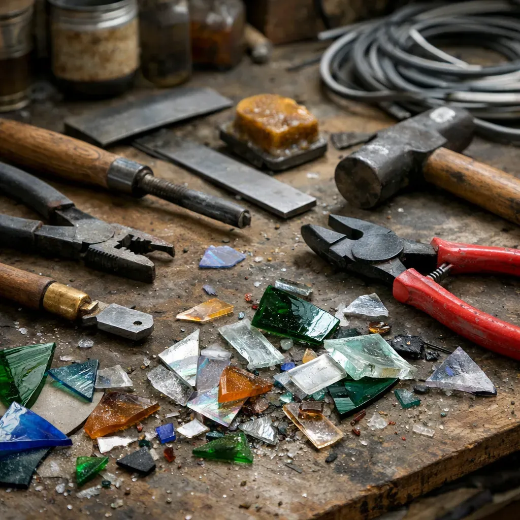 Détail d'outils d'artisanat et morceaux de verre dans l'atelier