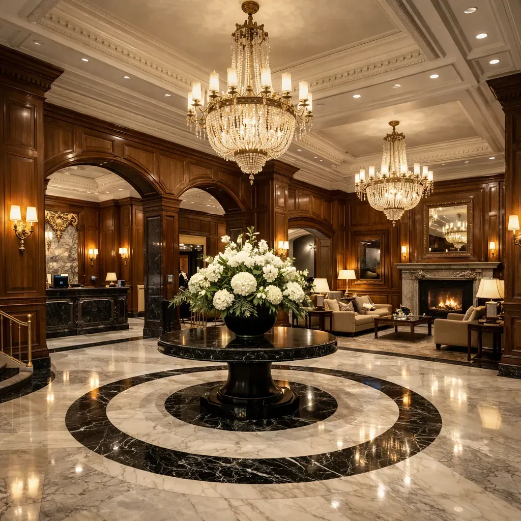 Lobby d'hôtel luxueux avec boiseries et marbre