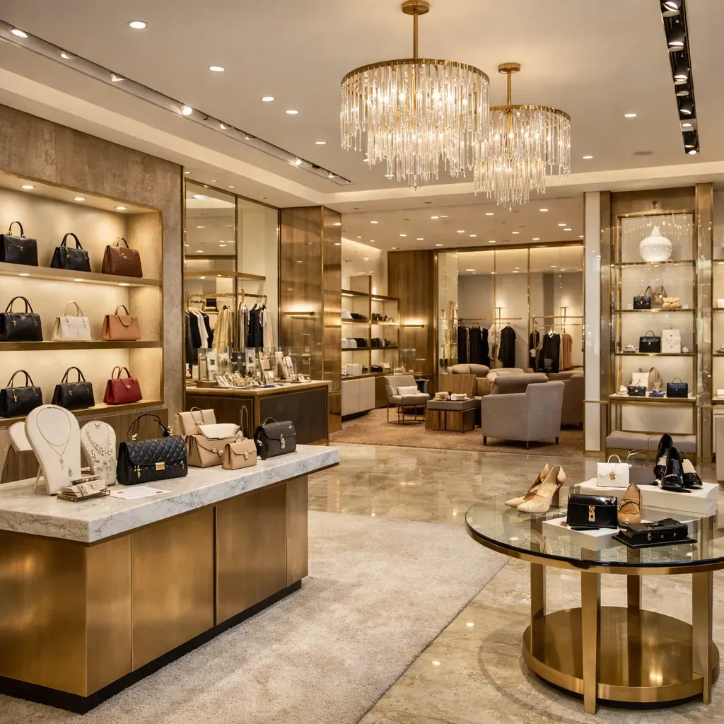 Intérieur de boutique de luxe avec présentoirs élégants