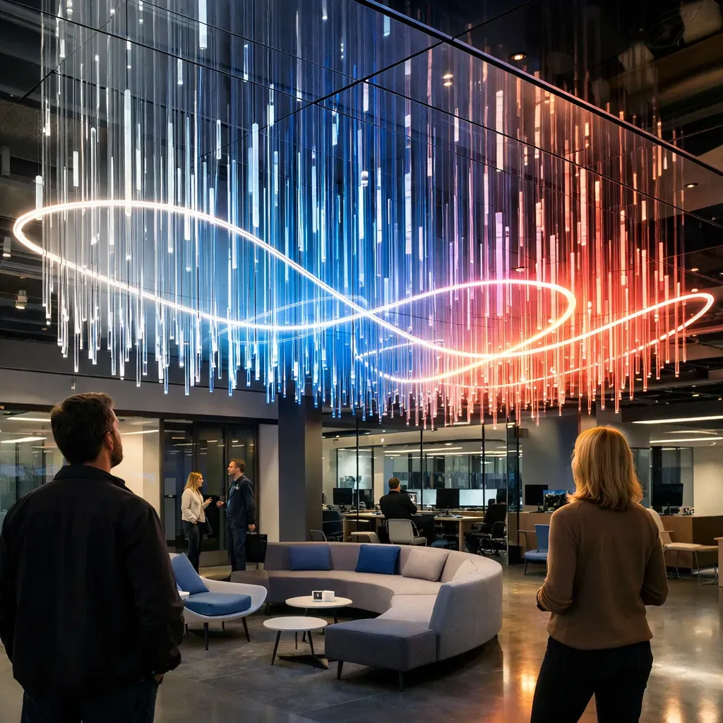 Installation architecturale lumineuse dans des bureaux tech