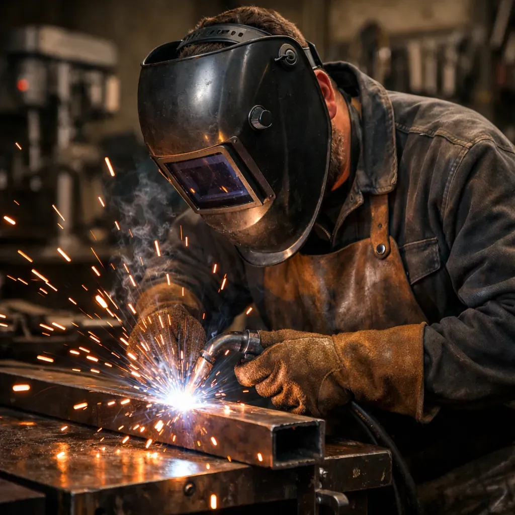 Artisan métallier travaillant avec des étincelles de soudure