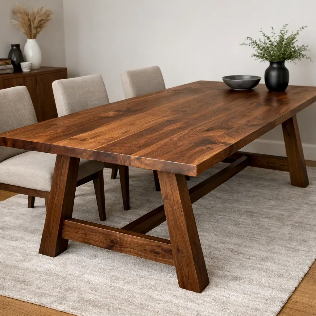 Détail d'une table en noyer massif avec incrustations