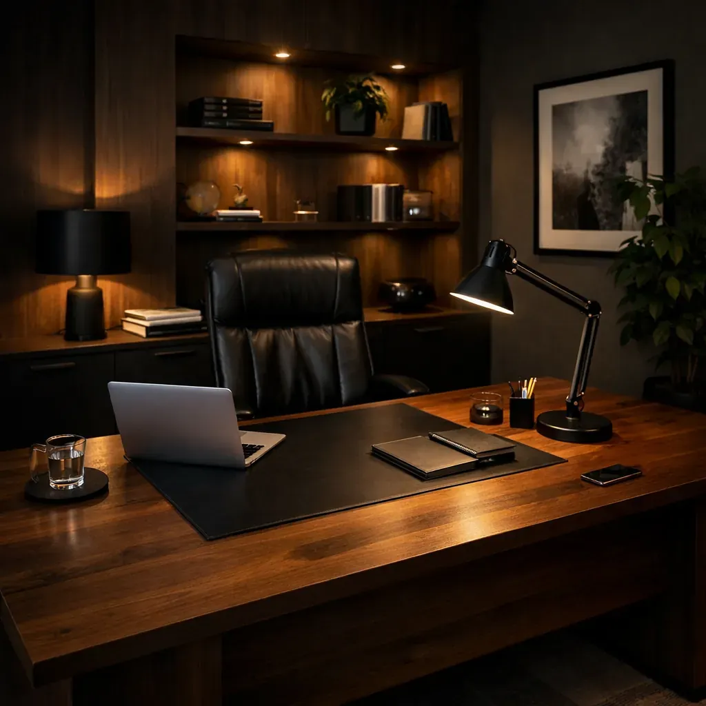 Bureau moderne en bois avec éclairage sombre