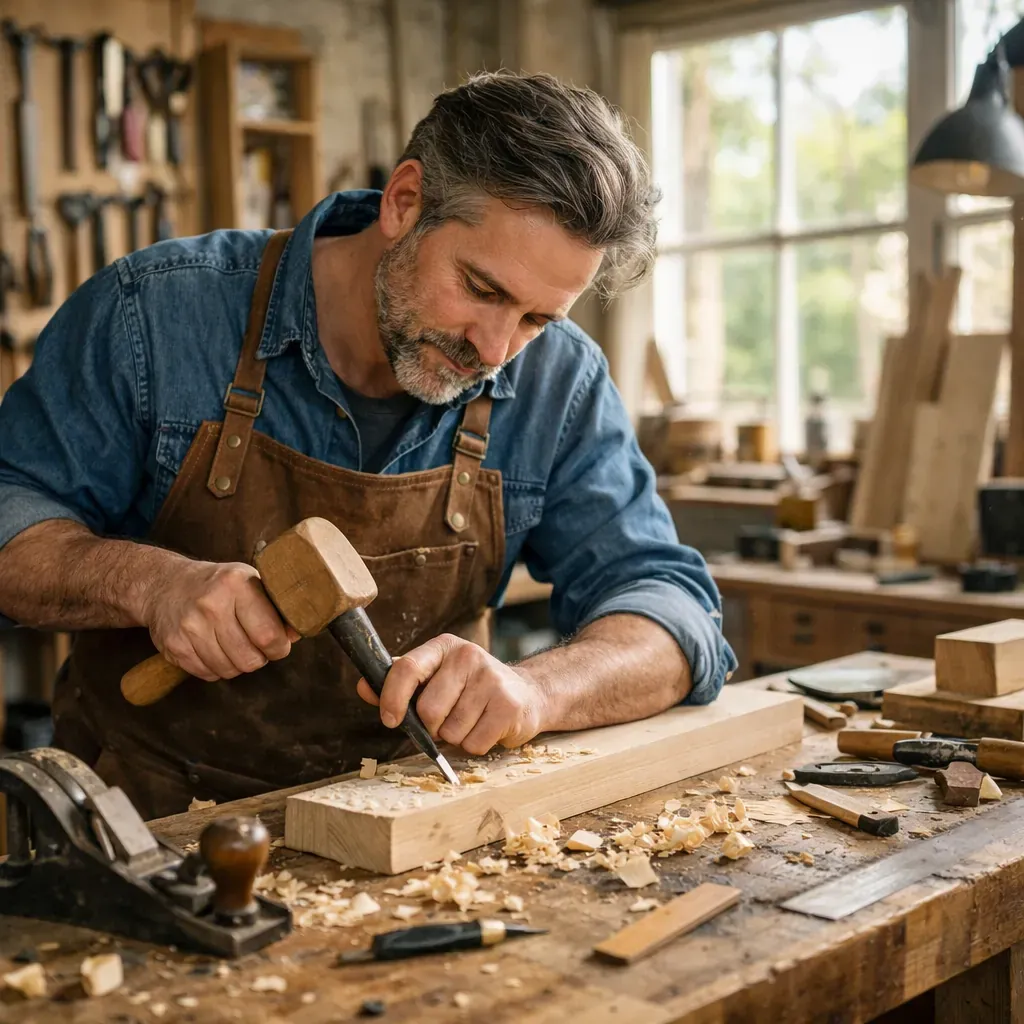 Artisan travaillant le bois dans son atelier lumineux