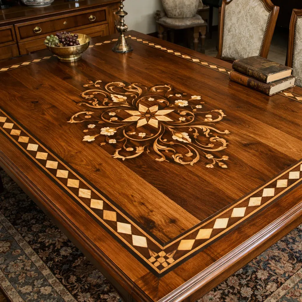 Table en bois massif avec incrustations