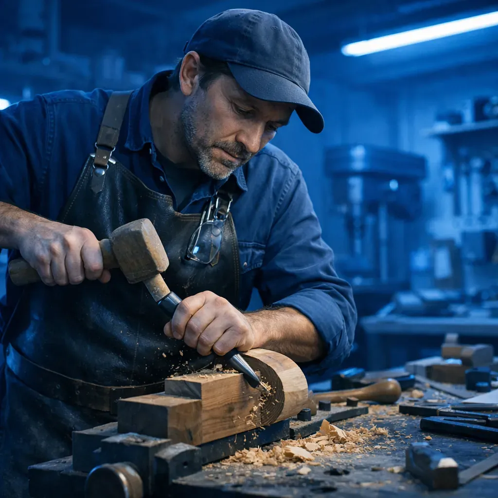 Artisan travaillant le bois dans un atelier avec une lumière bleue corporative