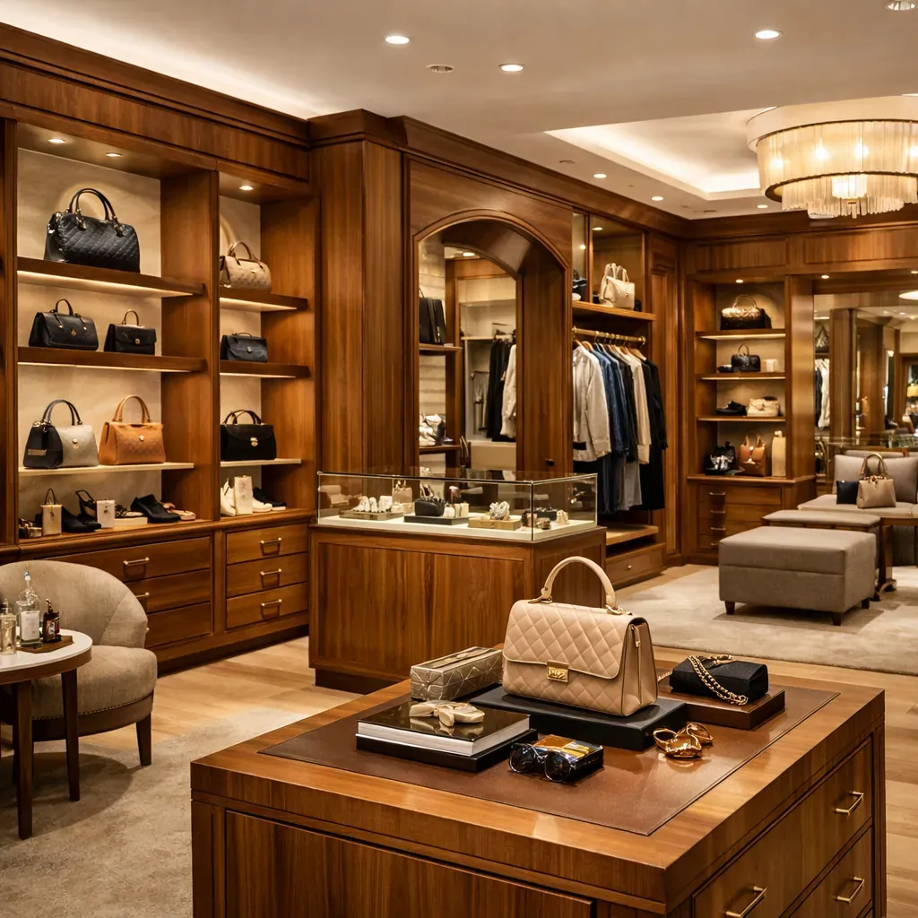 Intérieur d'une boutique de luxe avec mobilier en bois sur mesure