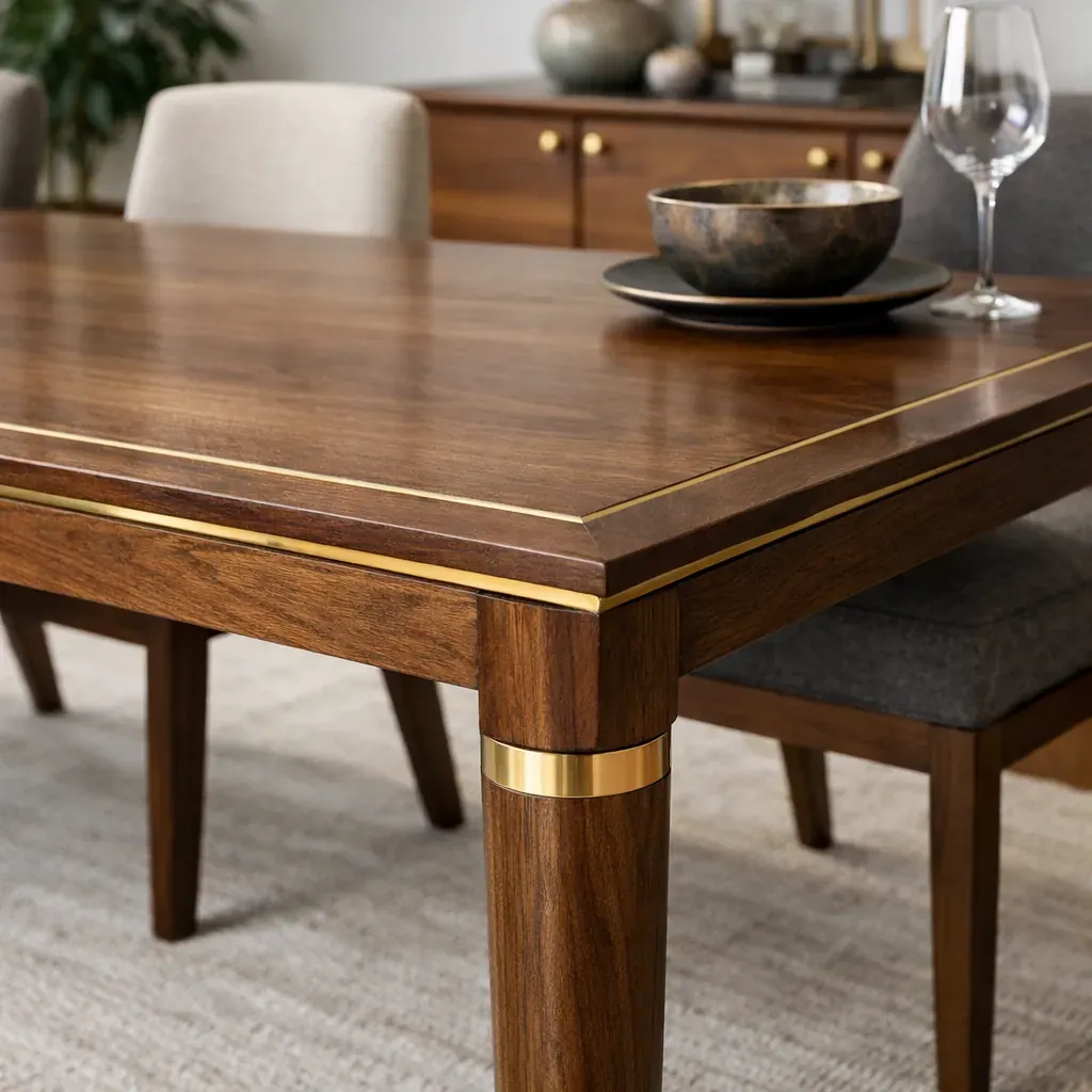Table de salle à manger en bois massif avec détails en laiton