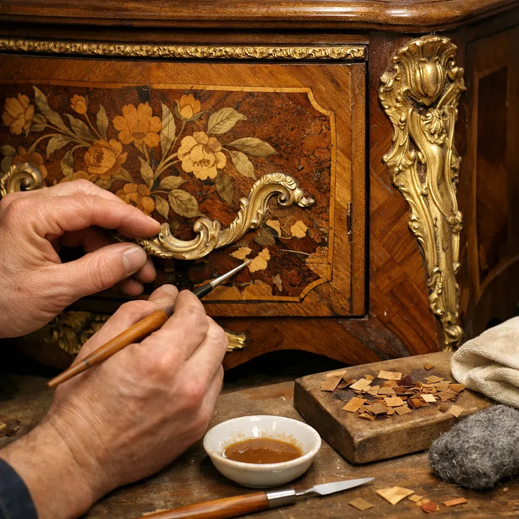 Détail de restauration sur commode ancienne en marqueterie