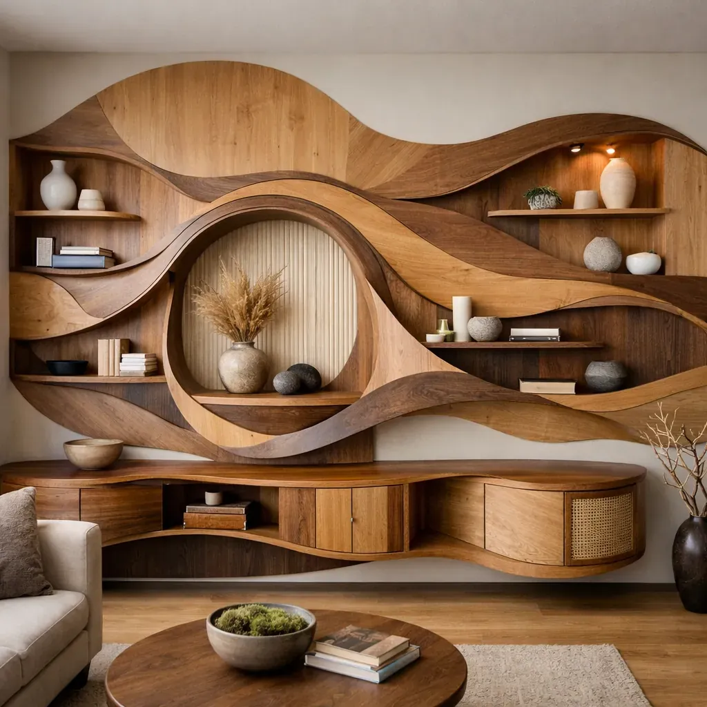Agencement mural organique en bois