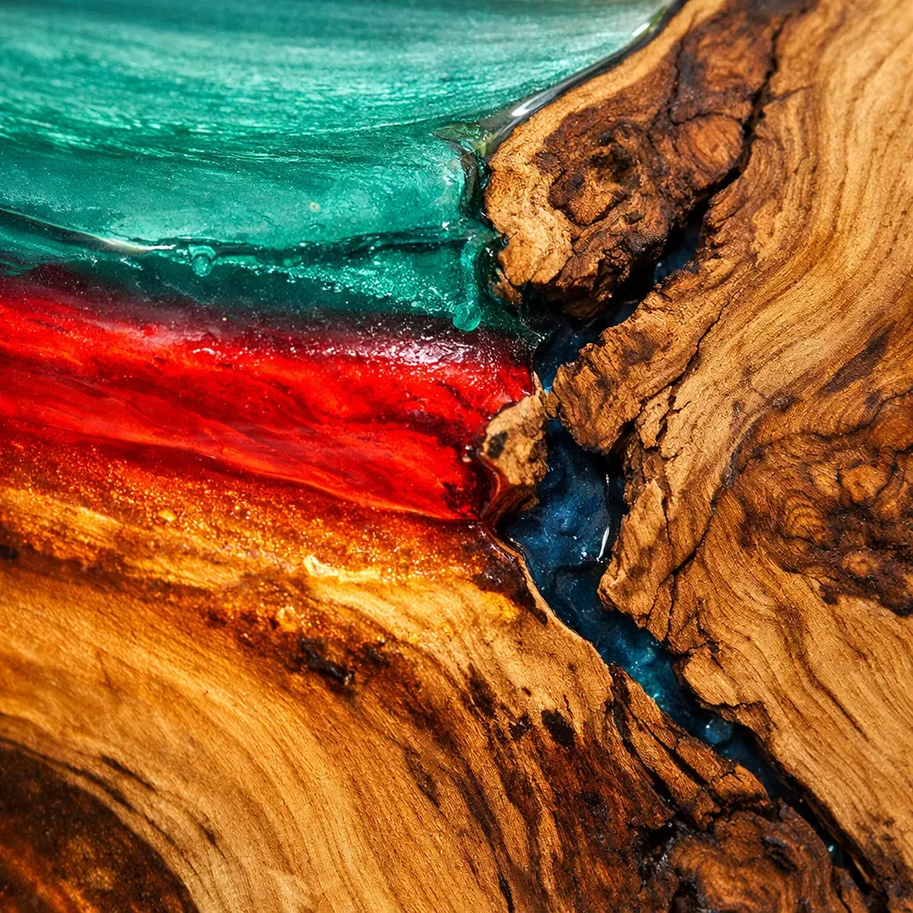 Détail de création en résine colorée et bois