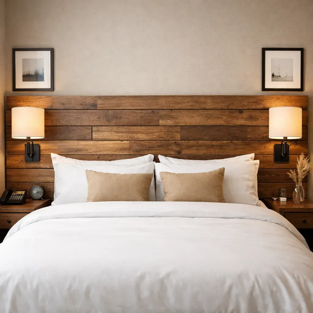 Chambre d'hôtel tête de lit en bois