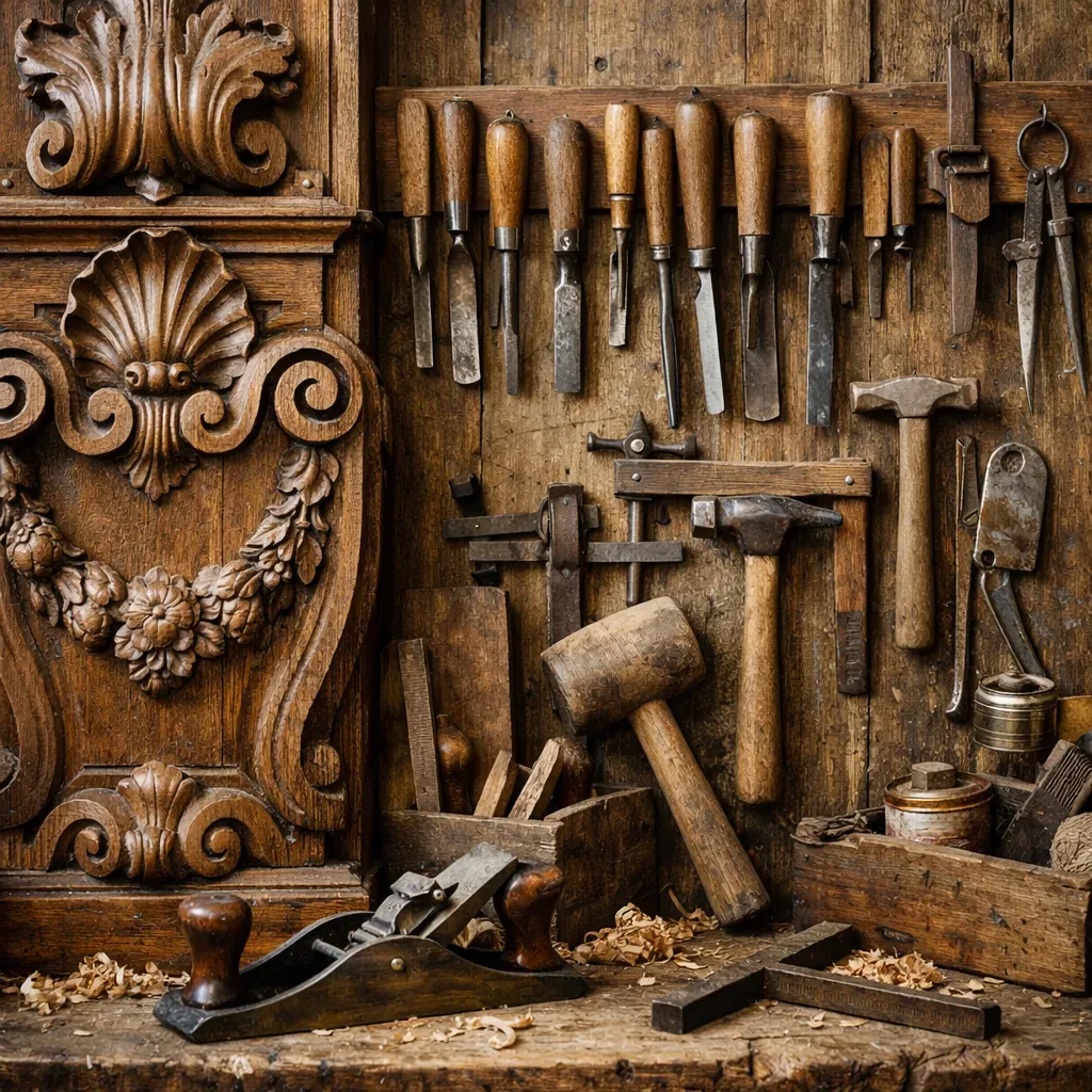 Détail de boiseries et outils dans un atelier