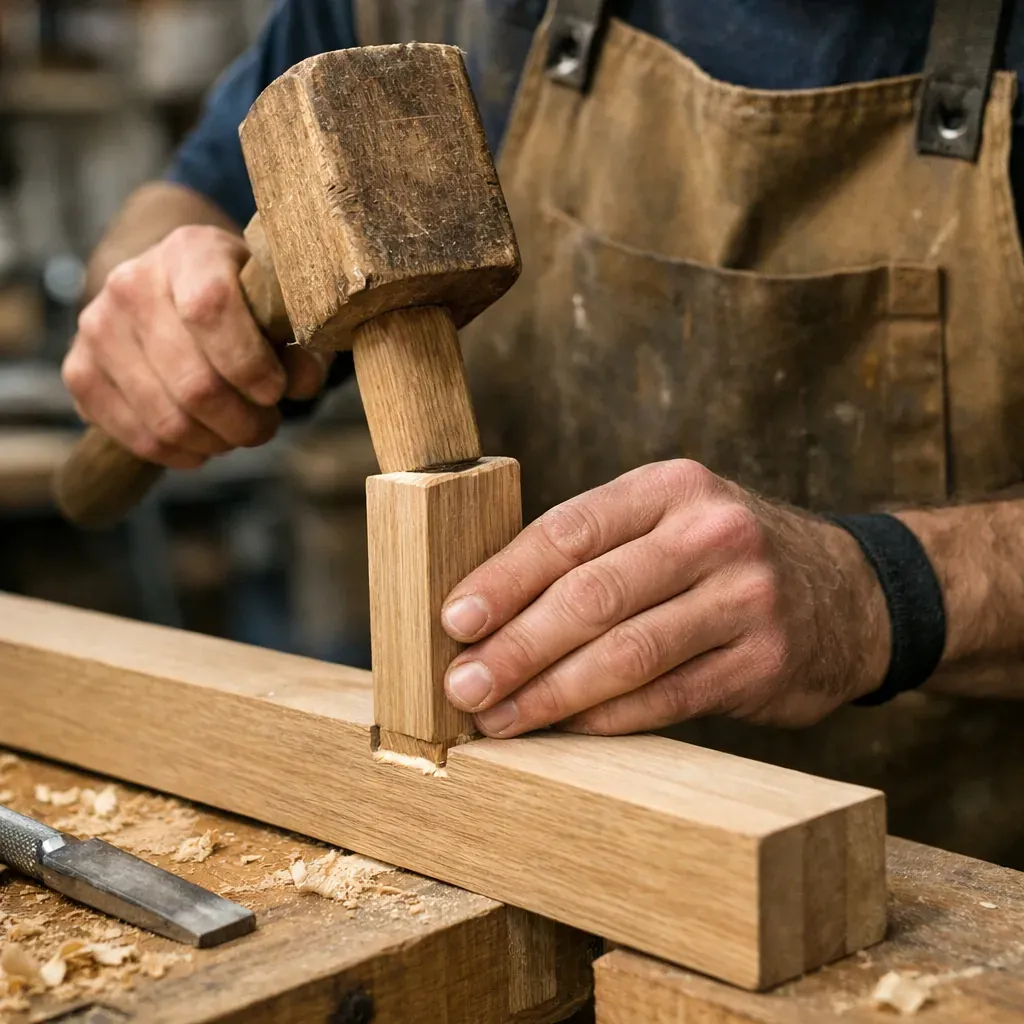 Assemblage de pièces de bois par un artisan