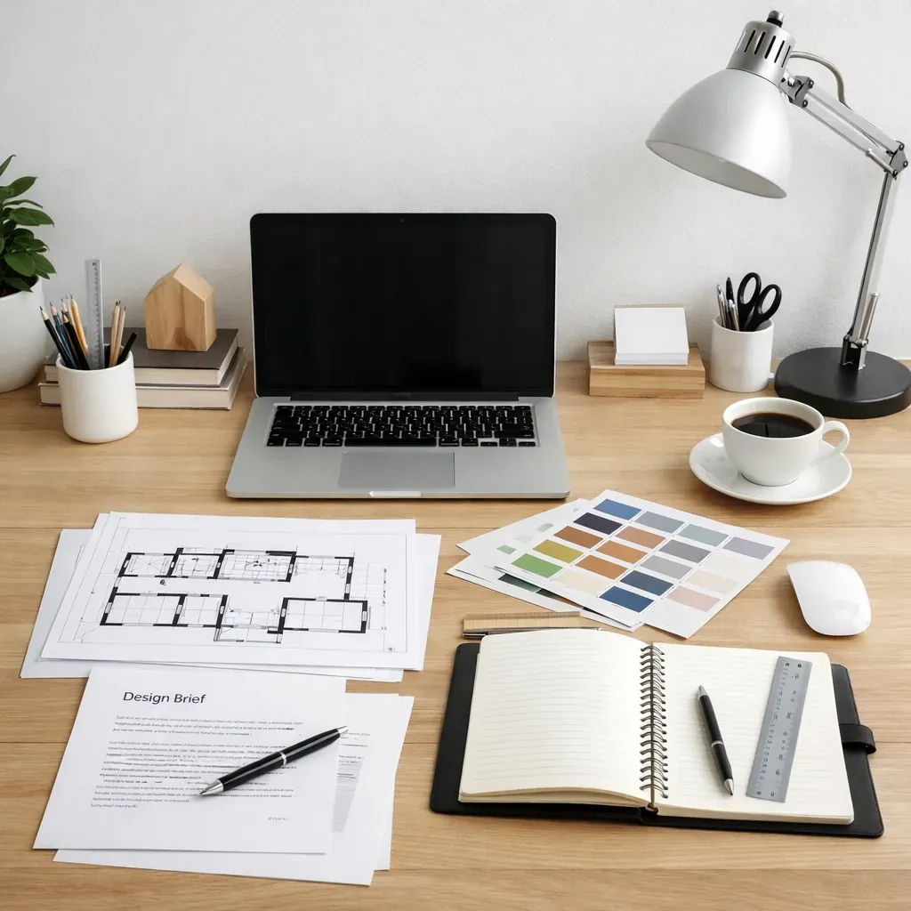 Espace de travail de design minimaliste avec documents et matériel