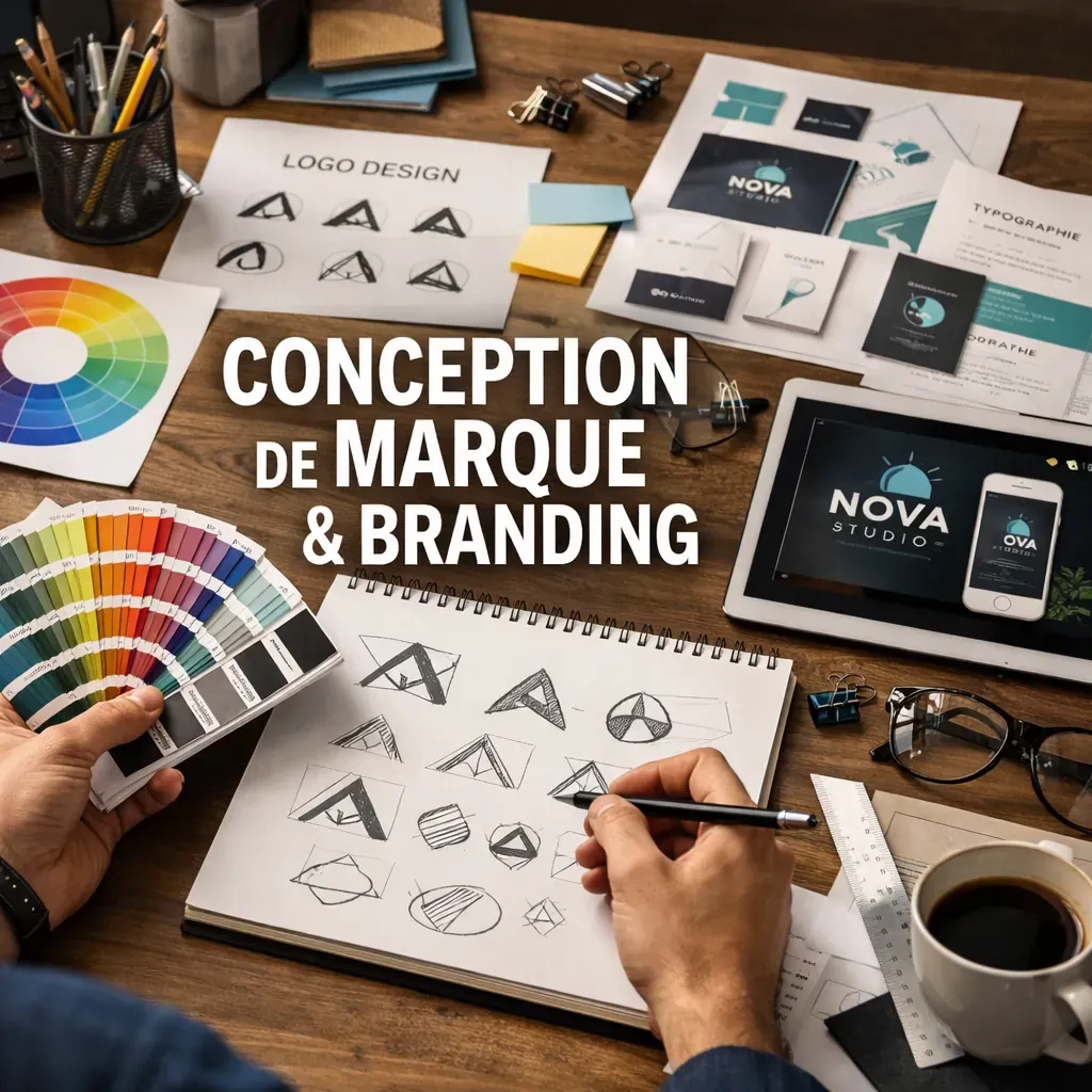 Papeterie et branding corporatif étalés sur une table