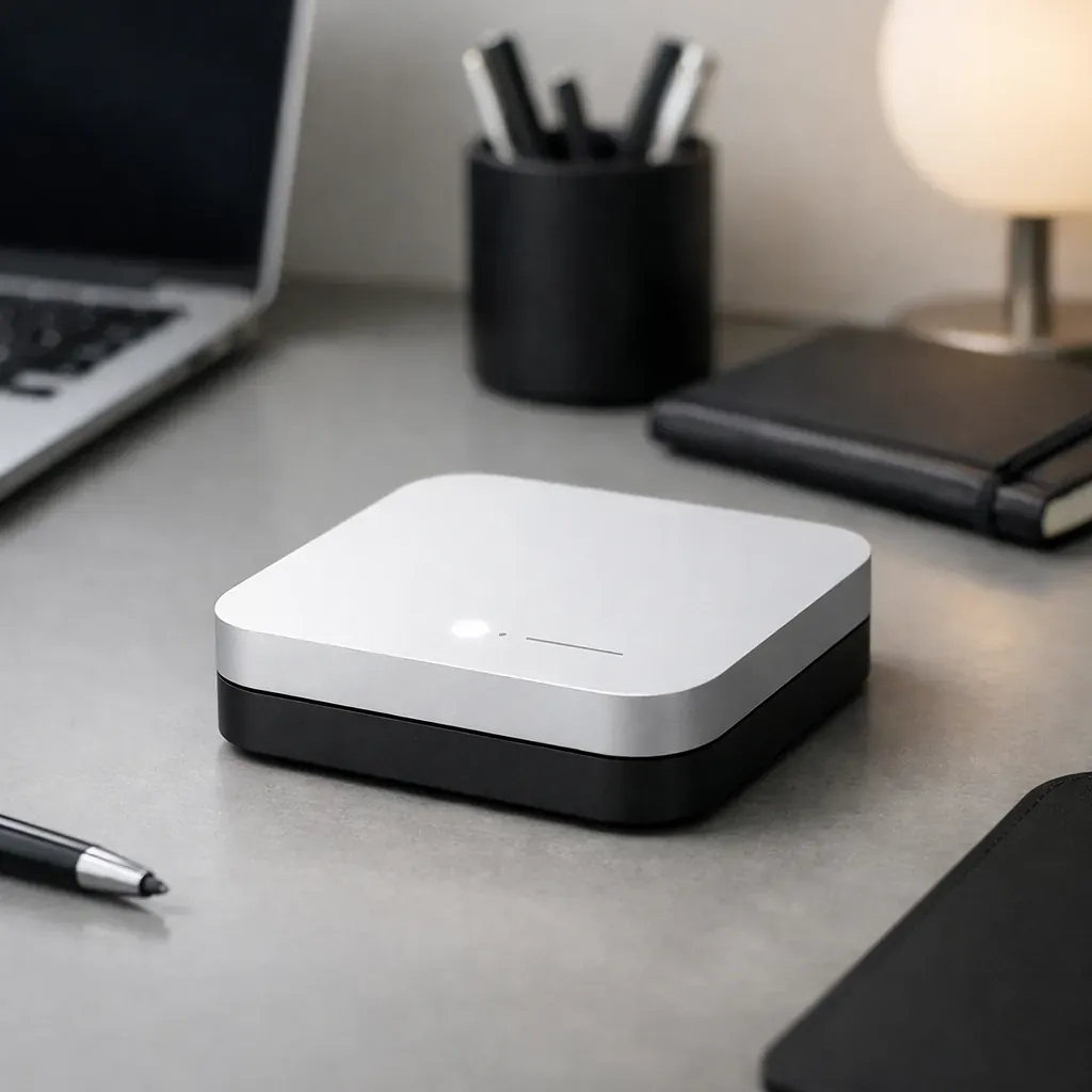 Objet technologique minimaliste posé sur un bureau