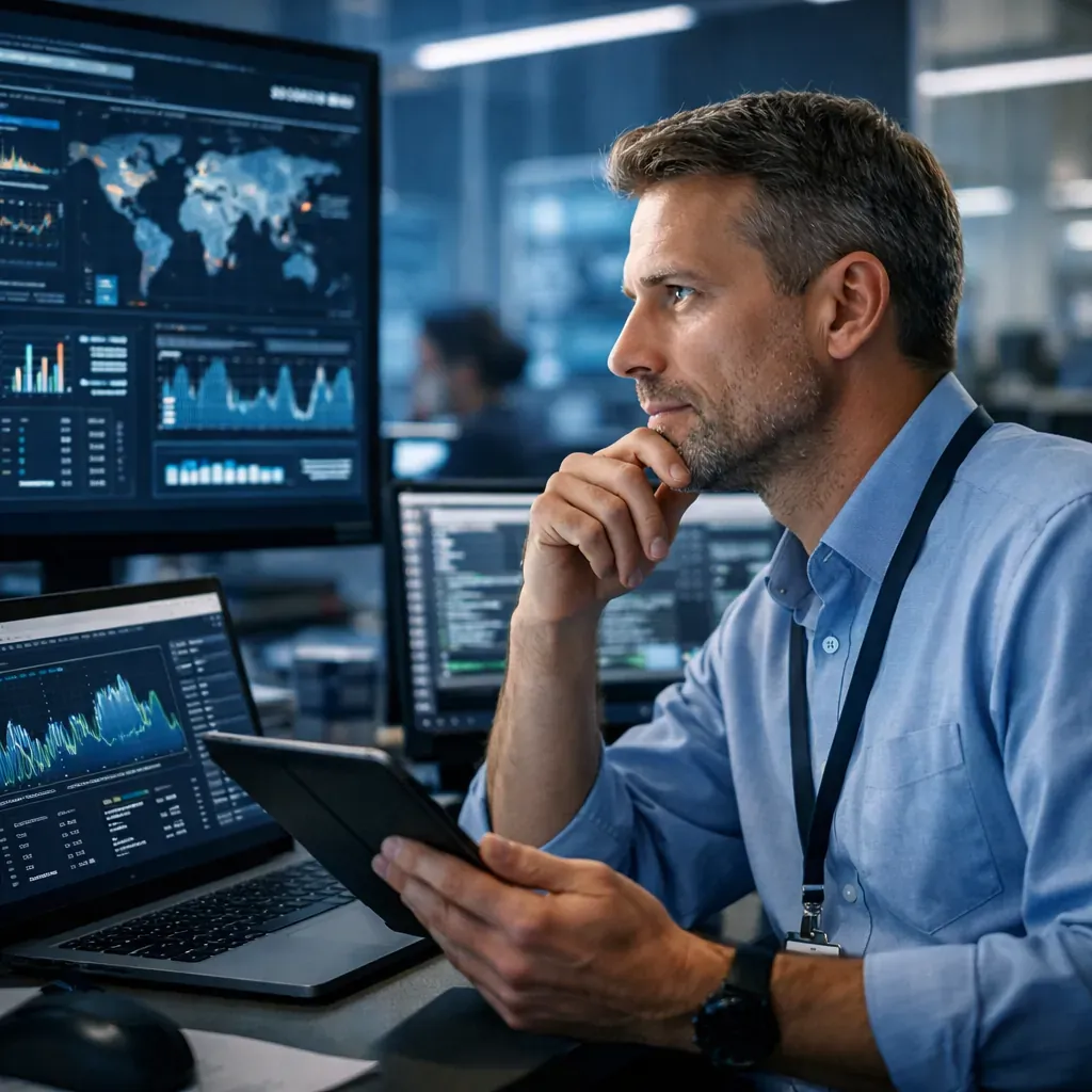 Professionnel dans un environnement technologique analysant des données