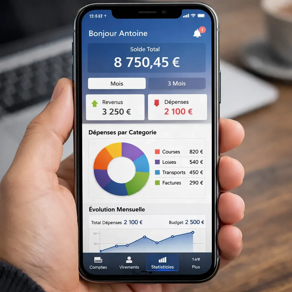 Interface application mobile bancaire affichant des statistiques