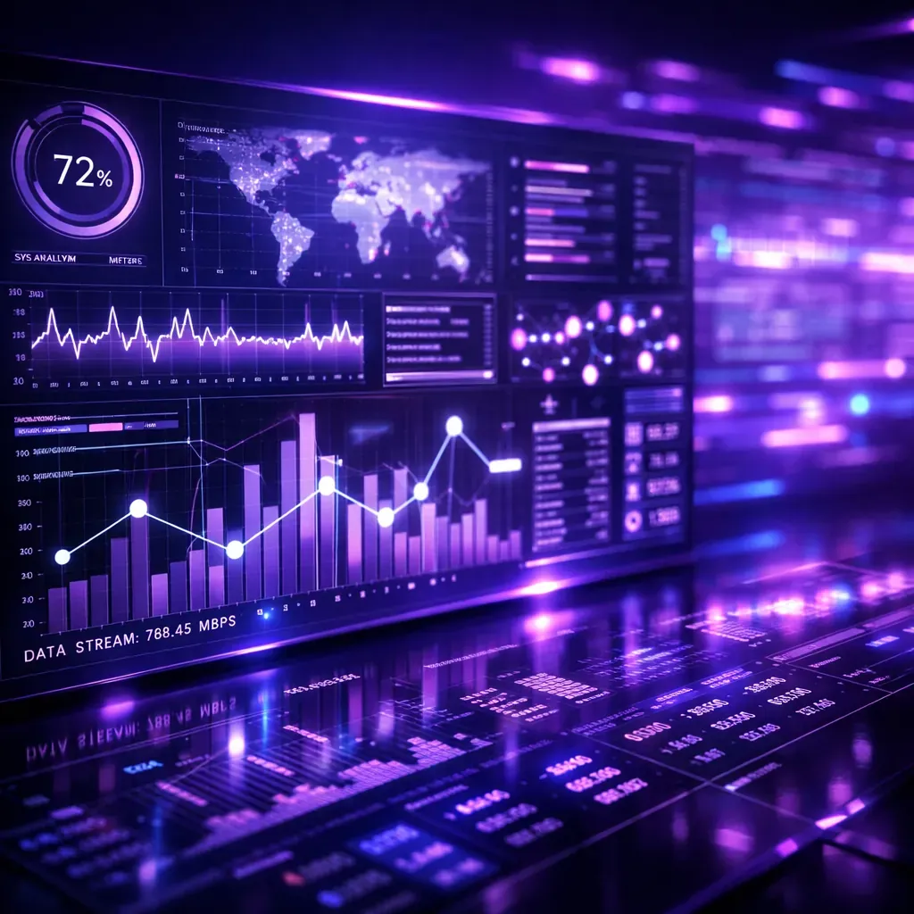 Interface abstraite avec éclairage violet et données