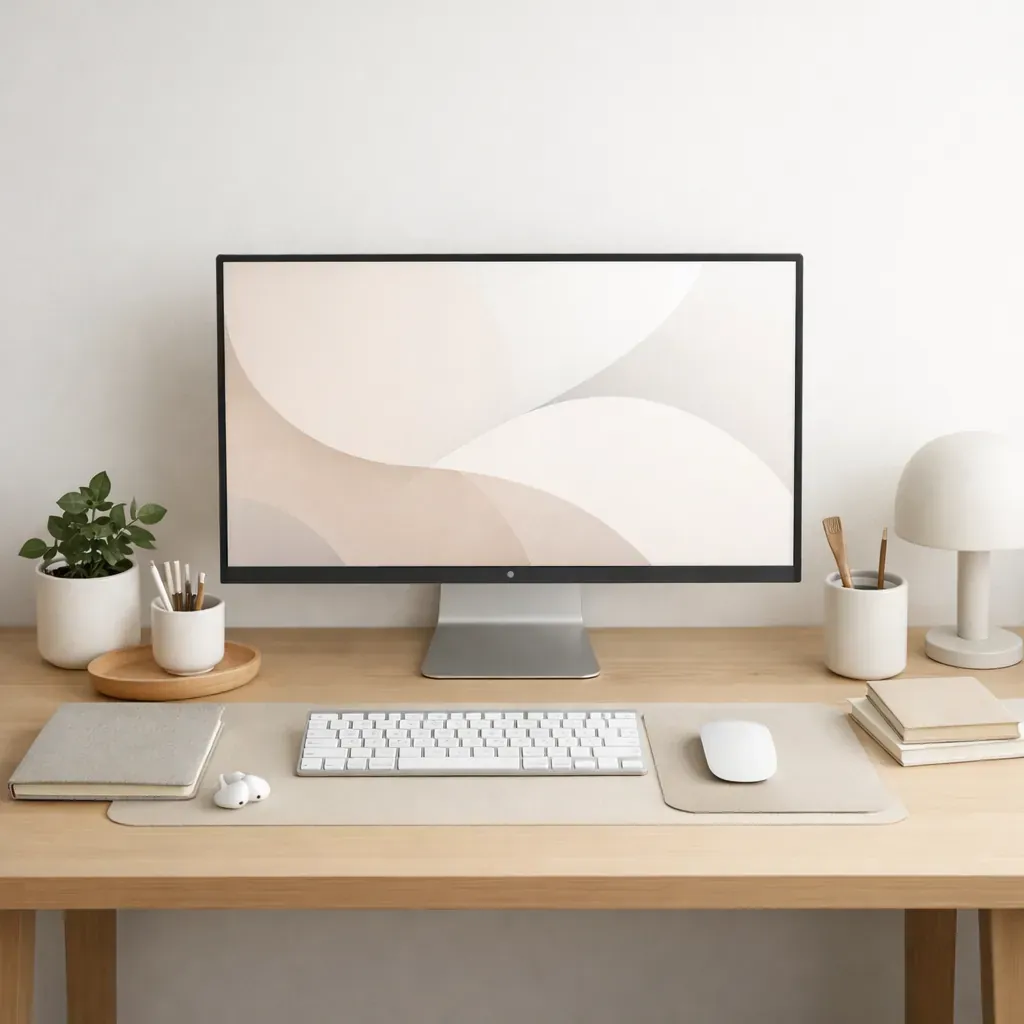 Soft minimalist desk setup